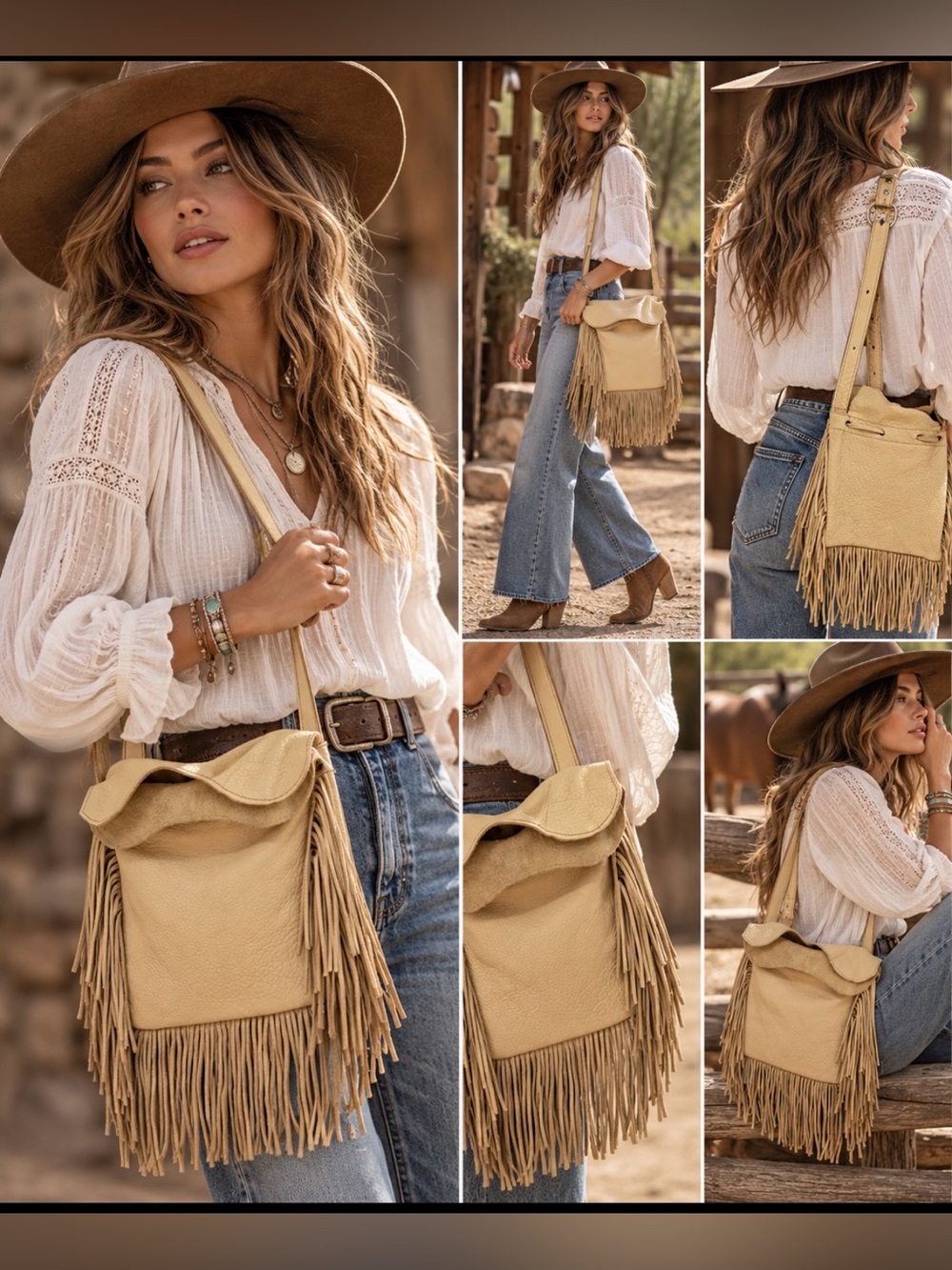 Vintage Canadian leather creations Fringe Leather Crossbody Bag - Beige